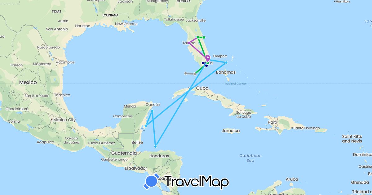 TravelMap itinerary: driving, bus, plane, train, boat in Bahamas, Honduras, Mexico, United States (North America)